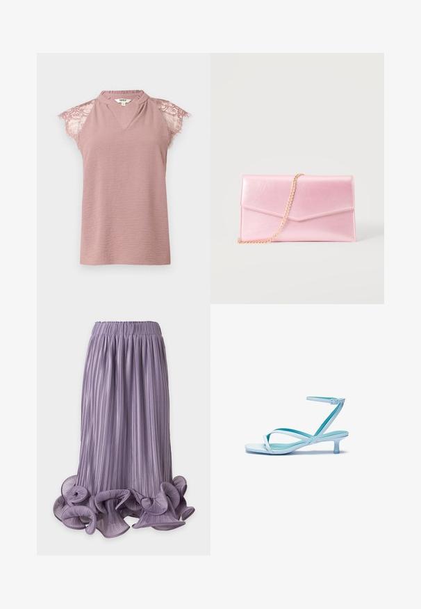 Roze mouwloze blouse met kanten kapmouwtjes, gestructureerde stof en een kleine V-vormige halslijn, met ONLY-merklabel aan de binnenkant van de kraag.; Lavendelgekleurde geplooide midirok met gerimpelde, gekrulde zoom en elastische tailleband op een effen achtergrond.; Lichtblauwe sandaal met bandjes, vierkante teen, lage hak, verstelbare enkelband en een gladde, glanzende afwerking. Kruisende bandjes op de voetbed.; Lichtroze rechthoekige clutch met envelopflap en een dun gouden schouderriempje tegen een effen achtergrond.