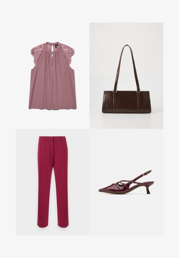 Blouse violette avec des accents de dentelle aux épaules, décolleté rond et ouverture en forme de clef à l'arrière. Fabriquée en tissu doux et lisse avec une coupe décontractée.; Pantalon bordeaux en tissu lisse avec une coupe droite, équipé d'une ceinture, de passants pour ceinture et de poches latérales. Aucun détail décoratif.; Escarpin en cuir verni bordeaux avec nez pointu, petit talon, détails de bride décoratifs et finition brillante.; Sac à main en cuir verni marron de forme rectangulaire, avec deux longues poignées et des accents courbés subtils à l'avant.
