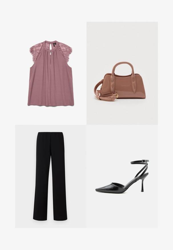 Blusa morada con acentos de encaje en los hombros, cuello redondo y abertura tipo ojal en la espalda. Fabricada con tejido suave y liso, con un corte relajado.; Pantalones de pierna ancha negros con cintura elástica, hechos de una tela suave, que presentan un diseño limpio y minimalista sin adornos.; Zapato de tacón alto negro de punta fina con delgadas correas en el tobillo y cierre de hebilla plateada sobre un fondo liso claro.; Bolso brillante color rosa con dos asas superiores, una correa de hombro desmontable y detalles decorativos de costura. Forma compacta y estructurada.