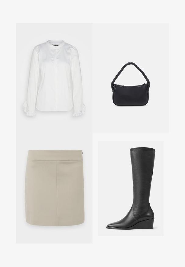 Hvid skjorte med knapper lavet af glat stof, med rund halsudskæring og flæser ved håndleddene. Klassisk design med lange ærmer.; Beige miniskirt lavet af glat stof, med en lige skæring, enkelt design og en skjult lynlås i siden.; Knæhøje sorte læderstøvler med en glat overflade, spids tå og kilehæl; har en syet kant øverst.; Sort håndtaske med en rund form, lavet af glat materiale. Har et flet håndtag og en lynlåslukning for sikker opbevaring.
