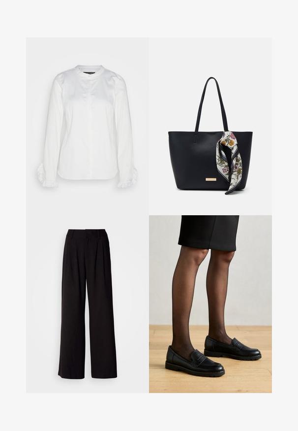 Chemise blanche à boutons, en tissu lisse, avec un col rond et des poignets froncés. Design classique avec des manches longues.; Pantalon large noir en tissu lisse, avec des plis à l'avant, une taille ajustée, et sans motifs ni accents visibles.; Mocassins en cuir noir avec un panneau texturé, semelle en caoutchouc et bout rond, portés avec des collants noirs transparents et une jupe ajustée.; Sac fourre-tout en cuir noir avec deux poignées, orné d'une écharpe en soie florale attachée à la poignée et d'un accent logo métallique à l'avant.