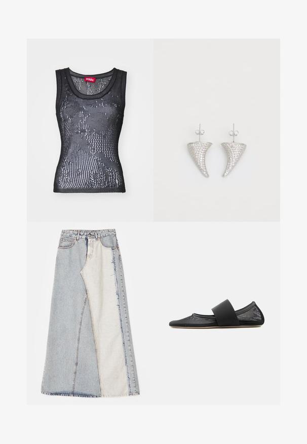 Schwarzes Netz-Tanktop mit rundem Halsausschnitt und einem Muster aus kleinen Löchern. Das Etikett innen trägt die Aufschrift "032c". Das Material wirkt leicht und strukturiert.; Jeansrock mit einem Patchwork-Design in hell- und mittelblauen Abschnitten, ausgefransten Säumen und hoher Taille. Klassischer Fünf-Taschen-Stil.; Schwarzer flacher Schuh aus Mesh mit abgerundeter Spitze und breitem elastischem Riemen über dem Rist, seitlich auf einfarbigem Hintergrund gezeigt.; Silberne, hornförmige Ohrringe, besetzt mit kleinen klaren Steinen, mit einem Steckverschluss zur Befestigung. Glatte Textur und metallisches Finish.