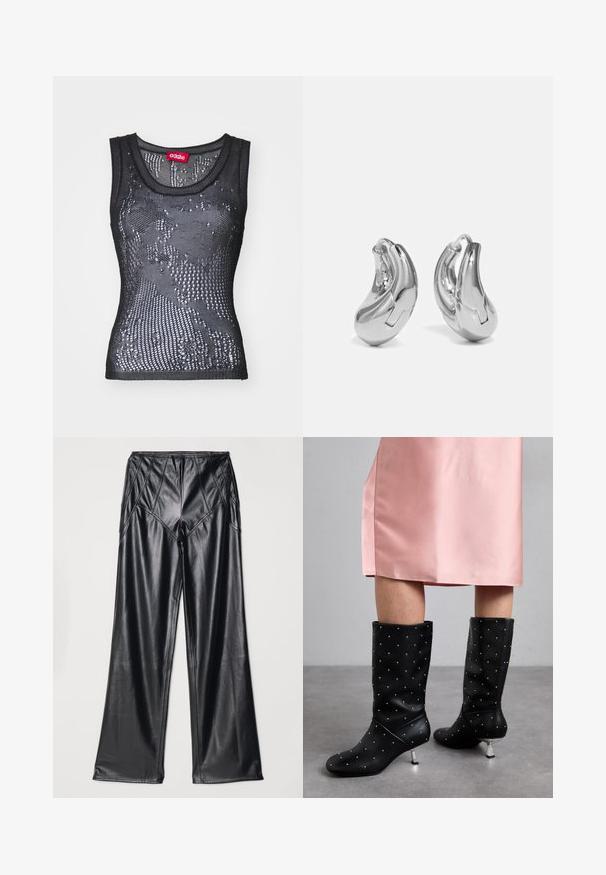 Sort mesh tanktop med rund halsudskæring og et mønster af små huller. Labeledet indeni siger "032c." Materialet virker let og tekstureret.; Sorte kunstlæderbukser med en glat tekstur, brede ben og syninger langs taljen og siderne. Præsenteret i flad visning.; Sorte knæhøje støvler lavet af glat materiale, med et subtilt nittermønster og sølvfarvet hæl. Sat sammen med en lyserød satin kjole.; Sølvøreringe med en buet, blank finish og et sømløst design. Har en hængsellukning for sikker bæring.