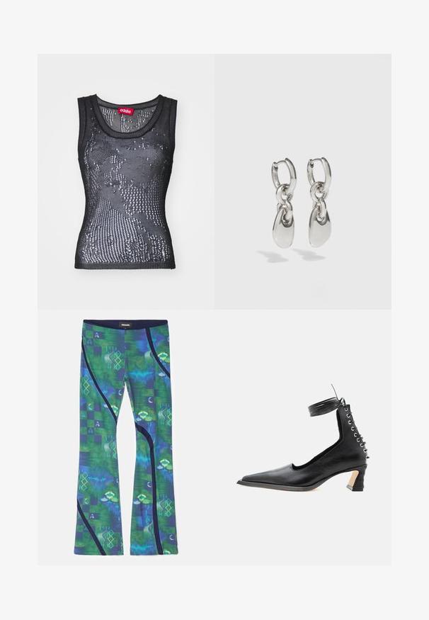 Sort mesh tanktop med rund halsudskæring og et mønster af små huller. Labeledet indeni siger "032c." Materialet virker let og tekstureret.; Leggings lavet af multicolor strækstof med grønne og blå mønstre, der har geometriske former og mørkeblå accenter langs siderne.; Sort lavhælet lædersko med spids tå, snøredetalje bagpå og ankelrem mod en ensartet hvid baggrund.; Sølvøreringe med forlængede ovale led, der har en poleret overflade og en struktureret dråpevedhæng. Enkel design med glatte kanter.