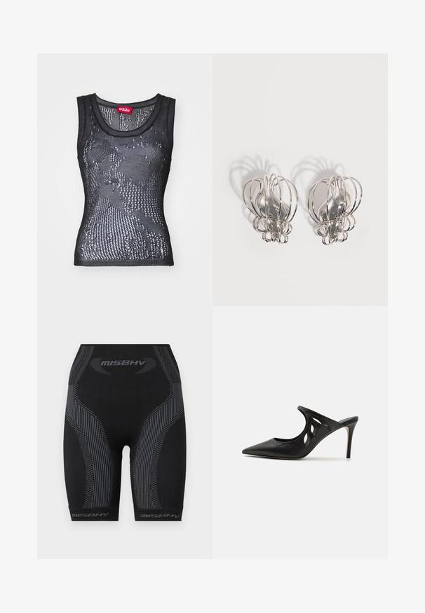 Sort mesh tanktop med rund halsudskæring og et mønster af små huller. Labeledet indeni siger "032c." Materialet virker let og tekstureret.; Sorte atletiske shorts med en tætsiddende pasform, struktureret stof, lodrette grå striber og "MISBHV" logo ved kanten.; Sorte læder højhælede mules med spids tå, udskåret sideskærm og glat tekstur. Stiletthæl og subtil syning.; Par sølvøreringe i metal med åbent trådburdesign og glatte, centrale ovale former, der kaster buede skygger på en hvid baggrund.