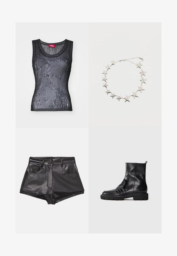 Zwarte mesh tanktop met een ronde halslijn en een patroon van kleine gaatjes. Het label binnenin zegt "032c." Het materiaal lijkt lichtgewicht en gestructureerd.; Zwarte faux leren shorts met een hoge taille, voorzien van twee voorzakken, zichtbare stiksels en een gladde textuur.; Zwarte leren enkellaarzen met een gladde afwerking, uitgerust met drie gespdetails aan de zijkant en een stevige, gestructureerde zool.; Zilveren stervormige schakelketting met sterren van verschillende groottes en een kleine kreeftensluiting op een witte achtergrond.