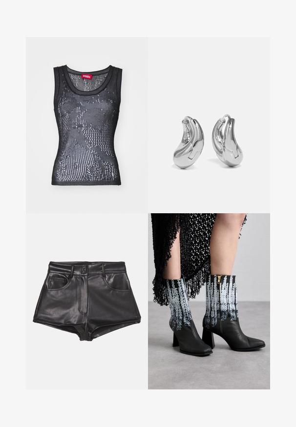 Débardeur en maille noire avec un col rond et un motif de petits trous. L'étiquette intérieure indique "032c". Le matériau semble léger et texturé.; Shorts en simili cuir noirs à taille haute, dotés de deux poches frontales, de coutures apparentes et d'une texture lisse.; Bottines en cuir noir avec un talon épais, dotées d'un motif numérique bleu distinctif et d'une fermeture éclair sur le côté.; Boucles d'oreilles en argent en forme de créoles avec une finition incurvée et brillante, et un design sans couture. Équipées d'une fermeture à charnière pour un port sécurisé.