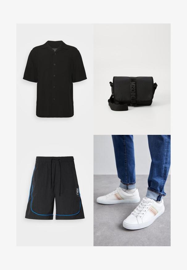 Camisa negra de manga corta hecha de tejido ligero, con un cierre frontal de botones, un cuello clásico y un corte relajado.; Bañador negro con cordón en la cintura, que presenta piping azul a lo largo de las costuras y un logo en el muslo izquierdo. Tejido ligero.; Zapatillas de cuero blancas con rayas multicolores, diseño de cordones, suela de goma y cuello acolchado, combinadas con jeans de mezclilla azul.; Bolso cruzado negro de nailon con solapa, que cuenta con un cierre de cinta con logo prominente, correa ajustable y detalles de costura lateral.