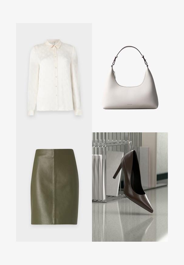 Camisa blanca de manga larga con cuello, cierre frontal de botones, hecha de una tela suave con un sutil patrón en relieve.; Minifalda de cuero verde oliva con una textura suave, que presenta un diseño sencillo y una costura central que recorre la parte posterior.; Zapato de cuero marrón oscuro con tacón alto flotando sobre un suelo reflectante junto a un estante metálico con paneles blancos en una habitación.; Bolso de hombro de cuero color crema de Calvin Klein con borde superior curvado, cremallera plateada y correa ajustable marrón oscuro.
