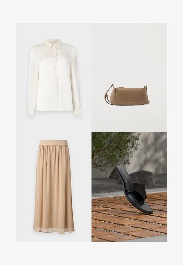Witte langslokige blouse met een kraag, knoopsluiting aan de voorkant, gemaakt van een gladde stof met een subtiel reliëfpatroon.; Beige midi-rok met een brede elastische tailleband waarop de merknaam staat. Zacht, vloeiend materiaal met een gladde textuur en een eenvoudig ontwerp.; Zwarte Calvin Klein sandaal met hak en teenlus op een houten tegelvloer buiten, nabij een boom en een stenen muur.; Taupe leren schoudertas met een gouden rits en hardware, ronde hoeken en een verstelbare schouderriem, op een plain lichte achtergrond.
