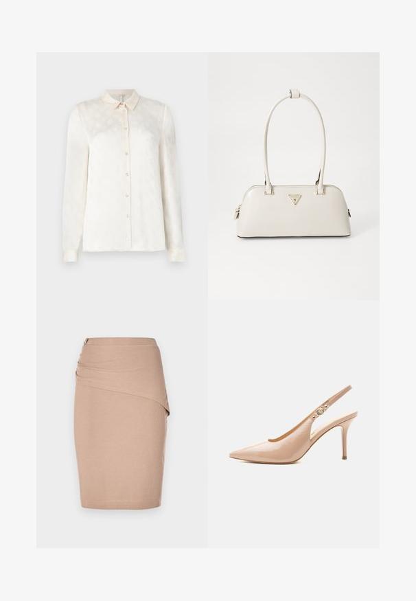 Chemise blanche à manches longues avec un col, devant boutonné, fabriquée dans un tissu lisse présentant un motif en relief subtil.; Jupe crayon beige à mi-longueur, en tissu côtelé, dotée d'un design drapé à l'avant et d'une fermeture éclair sur le côté en argent. Texture lisse.; Chaussure slingback beige en cuir verni à talon haut avec bout pointu et petit détail de boucle dorée sur la bride.; Sac à main en cuir verni crème avec une forme incurvée, deux poignées supérieures et un logo en triangle doré sur le devant. Détail de fermeture éclair.