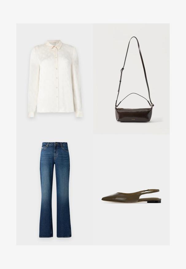 Witte langslokige blouse met een kraag, knoopsluiting aan de voorkant, gemaakt van een gladde stof met een subtiel reliëfpatroon.; Uitlopende jeans in een medium blauwe wassing, met een klassiek vijf-pocket ontwerp, knoopsluiting en een licht vervaagde textuur.; Olijfgroene platte slingback met spitse neus, lage zwarte hak en een gladde, glanzende afwerking.; Kleine glanzende donkerbruine leren schoudertas met verstelbare riem, bovenhandvat en gouden ritssluiting.