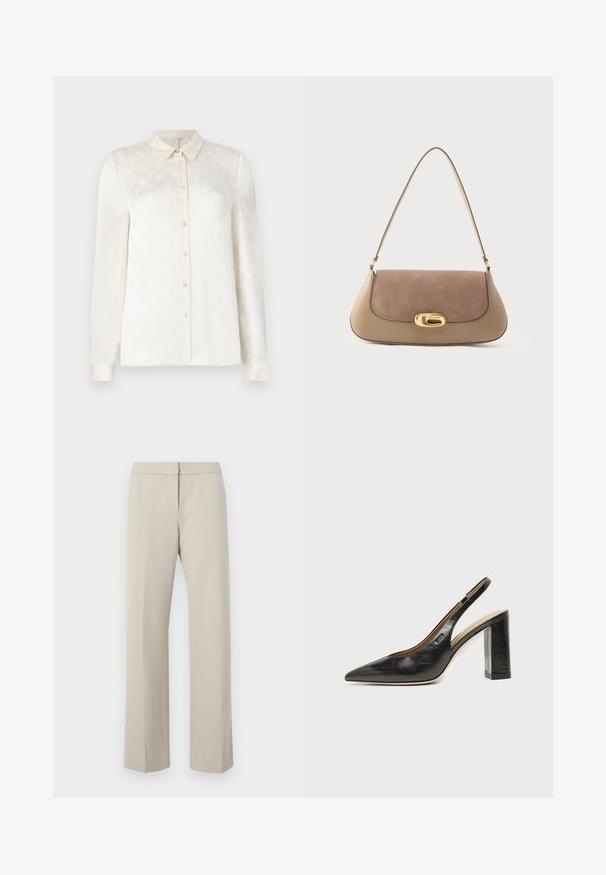 Chemise blanche à manches longues avec un col, devant boutonné, fabriquée dans un tissu lisse présentant un motif en relief subtil.; Pantalons beiges à jambes droites avec une taille plate et sans quincaillerie ou motifs visibles. Fabriqués en tissu lisse, avec un design épuré.; Chaussure slingback en cuir noir à bout pointu avec un talon bloc haut et une doublure intérieure beige sur un fond clair uni.; Sac fourre-tout en cuir beige et marron, doté d'un rabat en daim souple, d'un fermoir ovale doré et d'une bandoulière unique. Texture lisse dans l'ensemble.