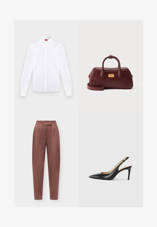 Chemise blanche à manches longues avec col arrondi, devant boutonné et poignets, présentée sur un fond uni.; Pantalon taille haute fuselé couleur rose poudré avec un devant plat et une fermeture cachée, présenté sur un fond clair uni.; Escarpins en cuir noir avec une pointe fine, une bride ajustable et un talon aiguille élégant, présentant une finition lisse.; Sac à main en cuir rouge foncé avec deux poignées, une bandoulière détachable, une fermeture éclair dorée et une petite plaque de marque dorée sur le devant.