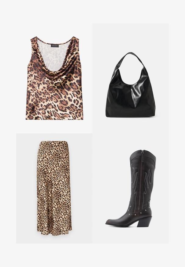 Top sin mangas de estampado de leopardo, con escote drapeado, textura sedosa, en una gama de colores marrón y beige, con grandes manchas negras y un acabado suave.; Falda larga de estampado de leopardo hecha de tejido suave. Base marrón clara con manchas negras y marrones. Diseño acampanado con dobladillo recto.; Botas de cowboy de cuero marrón con costuras en forma de llama, cremallera lateral, tachuelas plateadas, punta puntiaguda y tacón apilado.; Bolso hobo de cuero negro con una textura suave y brillante y un diseño de parte superior redondeada y abierta. Cuenta con una amplia correa curvada para llevar. Sin hardware visible.