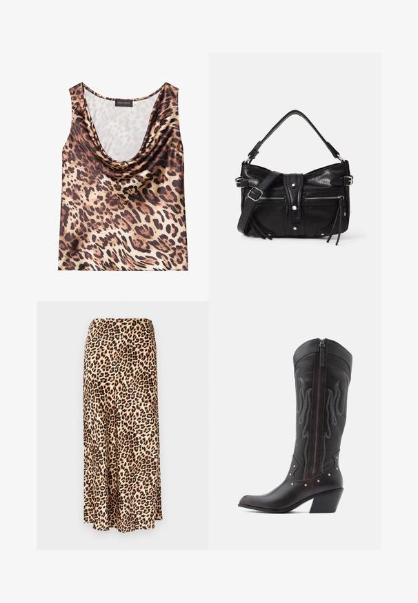 Top med leopardprint, uden ærmer, med draperet halsudskæring, silkeagtig tekstur, brun og beige farveskema, med fede sorte pletter og glat finish.; Løleopardprint lang nederdel lavet af glat stof. Tan base med sorte og brune pletter. Udsvingende design med en lige kant.; Brune læder cowboystøvler med flammebroderi, sidelukning med lynlås, sølvnitter, spids snude og lagdelt hæl.; Even&Odd by Zalando H24462 - Håndtasker - black