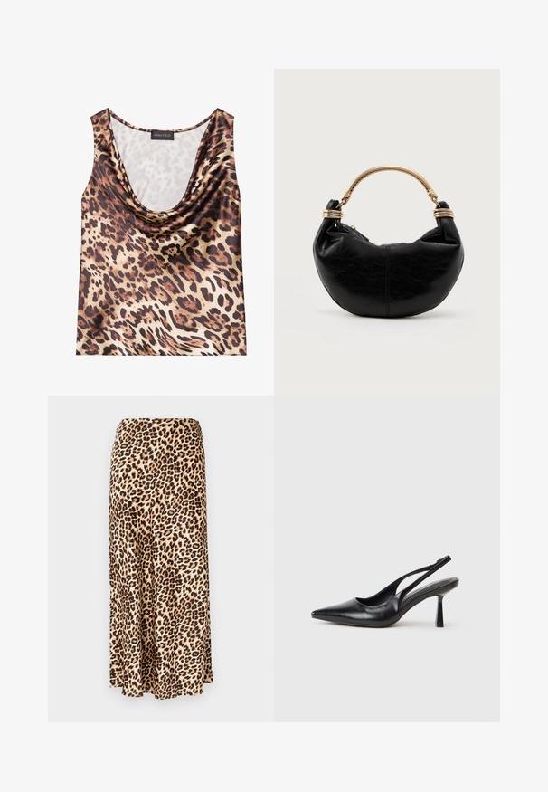 Top sin mangas de estampado de leopardo, con escote drapeado, textura sedosa, en una gama de colores marrón y beige, con grandes manchas negras y un acabado suave.; Falda larga de estampado de leopardo hecha de tejido suave. Base marrón clara con manchas negras y marrones. Diseño acampanado con dobladillo recto.; Zapato de tacón alto negro de cuero con puntera afilada y tacón delgado sobre un fondo blanco.; Bolso de mano negro en forma de media luna con superficie texturizada y un asa rígida dorada con embellishments tipo espiral.