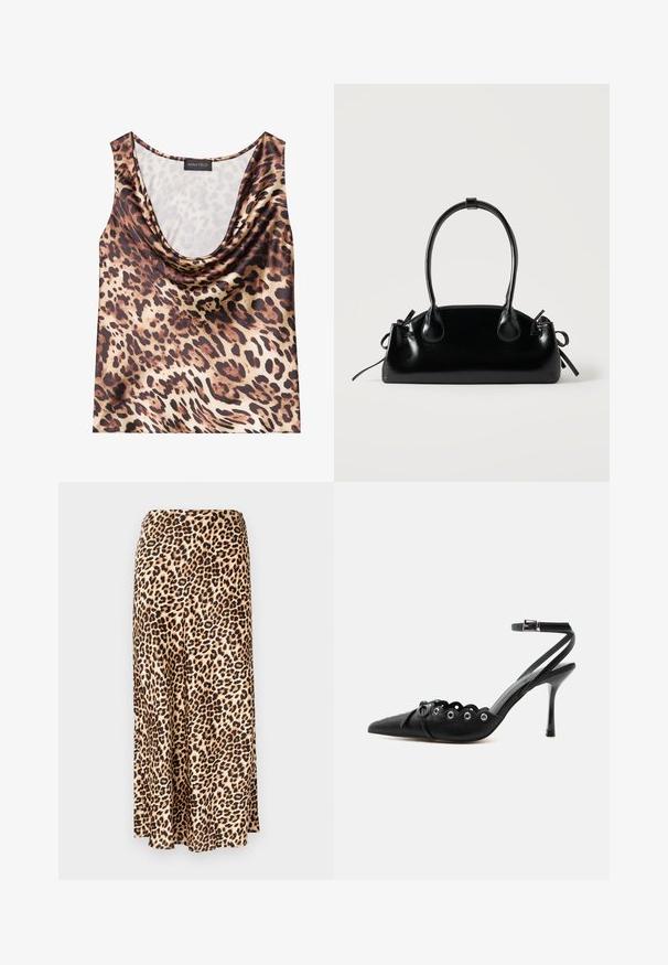 Leopardprint mouwloze top, gedrapeerde halslijn, zijdezachte textuur, bruin en beige kleurenschema, met gedurfde zwarte vlekken en een gladde afwerking.; Lange rok met luipaardenprint, gemaakt van gladde stof. Tan basis met zwarte en bruine vlekken. Uitlopende ontwerp met een rechte zoom.; Zwarte pumps met hoge hak en spitse neus, gegolfde randen, metalen oogjes, vetergespsluiting aan de voorzijde en enkelriem met gespsluiting.; Kleine zwarte glanzende handtas met twee lange hengsels en zijkant trekkoord details op een effen lichte achtergrond.
