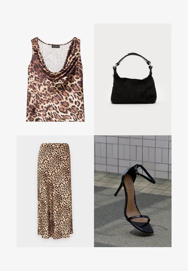 Top sin mangas de estampado de leopardo, con escote drapeado, textura sedosa, en una gama de colores marrón y beige, con grandes manchas negras y un acabado suave.; Falda larga de estampado de leopardo hecha de tejido suave. Base marrón clara con manchas negras y marrones. Diseño acampanado con dobladillo recto.; Sandalia de tacón alto de charol negro con correa en el tobillo, hebilla dorada y punta afilada, colocada en posición vertical sobre una superficie de baldosas y asfalto.; Bolso de mano de piel sintética negra con una textura suave, forma redondeada y una resistente correa de cuero negro para el hombro. Acentos de herrajes plateados visibles.