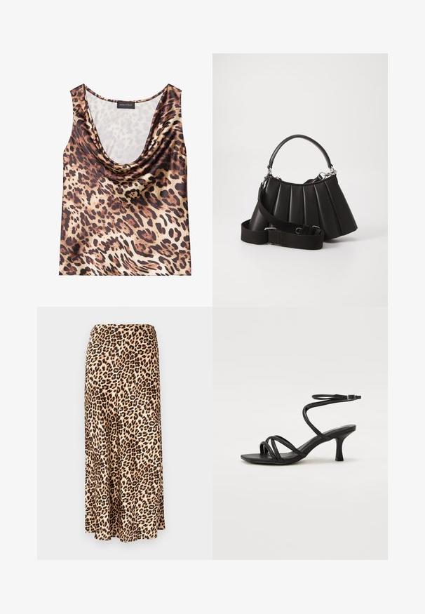 Leopardprint mouwloze top, gedrapeerde halslijn, zijdezachte textuur, bruin en beige kleurenschema, met gedurfde zwarte vlekken en een gladde afwerking.; Lange rok met luipaardenprint, gemaakt van gladde stof. Tan basis met zwarte en bruine vlekken. Uitlopende ontwerp met een rechte zoom.; Even&Odd Wide Fit by Zalando Sandalen - black; Zwarte geplooide handtas met een ronde handgreep, verstelbare schouderriem en glanzende textuur. Heeft zilveren hardware en een gestructureerde silhoutte.