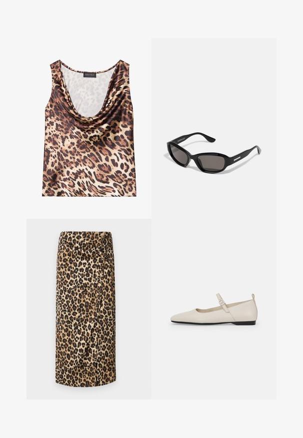Top med leopardprint, uden ærmer, med draperet halsudskæring, silkeagtig tekstur, brun og beige farveskema, med fede sorte pletter og glat finish.; Leopardprint midi-nederdel, silkeagtig tekstur, neutral beige bund med sorte og brune pletter, draperet design med en snoet detalje ved taljen.; Hvide ballerinasko i læder med spids tå, ankelsnor og lav sort hæl. Glat tekstur med minimale detaljer.; Sorte solbriller med rektangulært stel, mørke linser, glat plastmateriale og en metalaccent på templet.