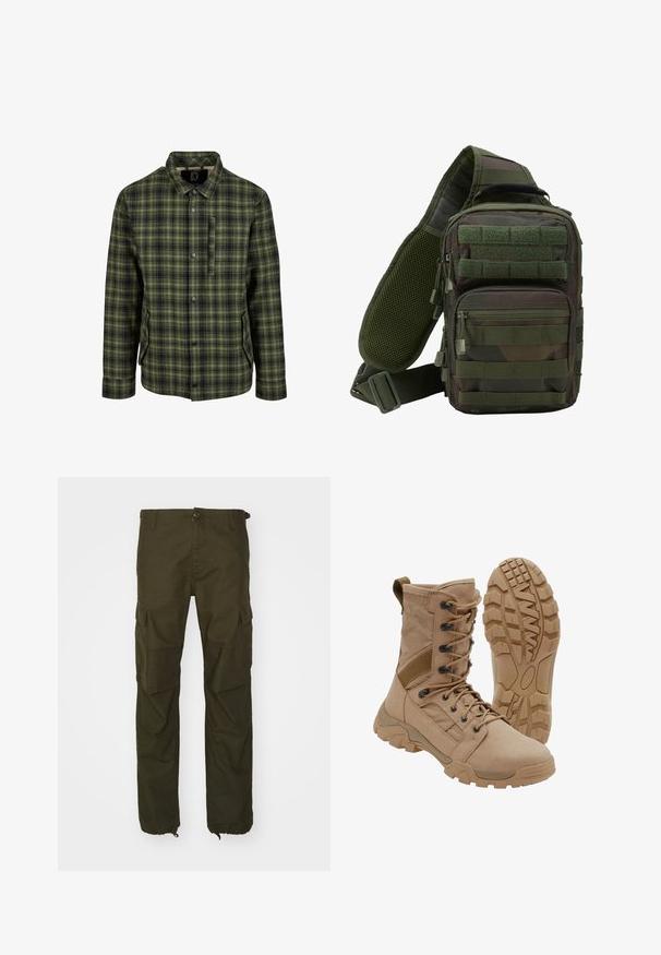 Veste à carreaux verte et noire avec un col, fermeture à boutons, deux poches latérales et une poche poitrine. Le tissu semble texturé et chaud.; Pantalons cargo vert olive en tissu durable, avec une fermeture à bouton, plusieurs poches latérales et des poignets élastiques aux chevilles.; Botte tactique beige avec un lacet montant à la cheville et une semelle en caoutchouc robuste, une botte debout et une montrant le motif de la semelle.; Sac à dos en bandoulière camouflage vert avec plusieurs poches zippées, une sangle réglable et un panneau arrière en mesh pour la ventilation.