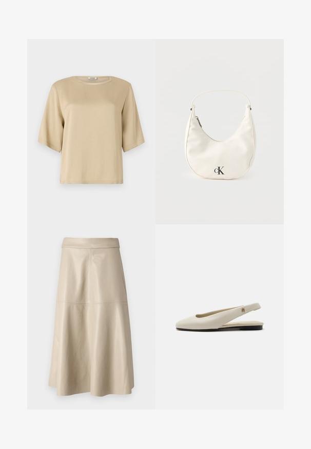 Beige bomulds t-shirt med rund halsudskæring, korte ærmer og en afslappet pasform. Glat tekstur uden synlige mønstre eller udsmykninger.; Beige high-waist A-line lædernederdel med synlige sømdetaljer henover midten og tæt ved linningen.; Flatsko i cremefarvet læder med rundet tå og lille guldemblem på remmen.; Lille hvid halvmåneformet håndtaske med kort rem, lynlås og sort "cK"-logo foran.