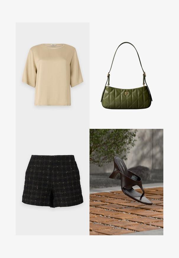 Vaaleanbeige puuvillapaita, jossa on pyöreä kaula-aukko, lyhyet hihat ja rento istuvuus. Sileä rakenne ilman näkyviä kuvioita tai koristeita.; Mustat tweed-shortsit, joissa on teksturoitu pinta ja kultalangalla tehty ruutukuosi, säädetty muoto ja keskikorkea vyötärö.; Ruskea Calvin Klein -merkkinen korkokenkäinen varvastossu roikkuu puulattialaattojen ja sorapinnan yläpuolella, taustalla sumeaa kasvillisuutta ja kiviä.; Oliivinvihreä tikattu nahkainen olkalaukku, jossa on suorakaiteen muotoinen kultainen logovempele ja säädettävät olkahihnan soljet.