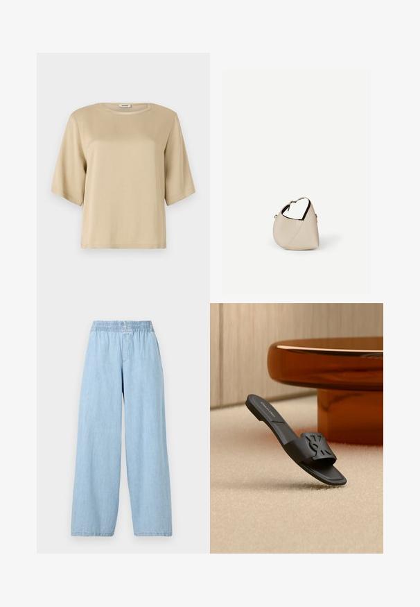 T-shirt en coton beige avec un col rond, des manches courtes et une coupe décontractée. Texture lisse et sans motifs ni embellissements visibles.; Pantalons larges de couleur bleu clair en denim avec une taille élastique. Texture lisse sans motifs ni embellissements visibles.; Sandale noire à talon avec un motif géométrique découpé sur la bride, logo Calvin Klein à l'intérieur, posée sur un tapis beige près d'un pied de table moderne marron.; Sac à main en cuir beige en forme de croissant avec une seule bandoulière et des coutures minimalistes, posé sur un fond blanc uni.