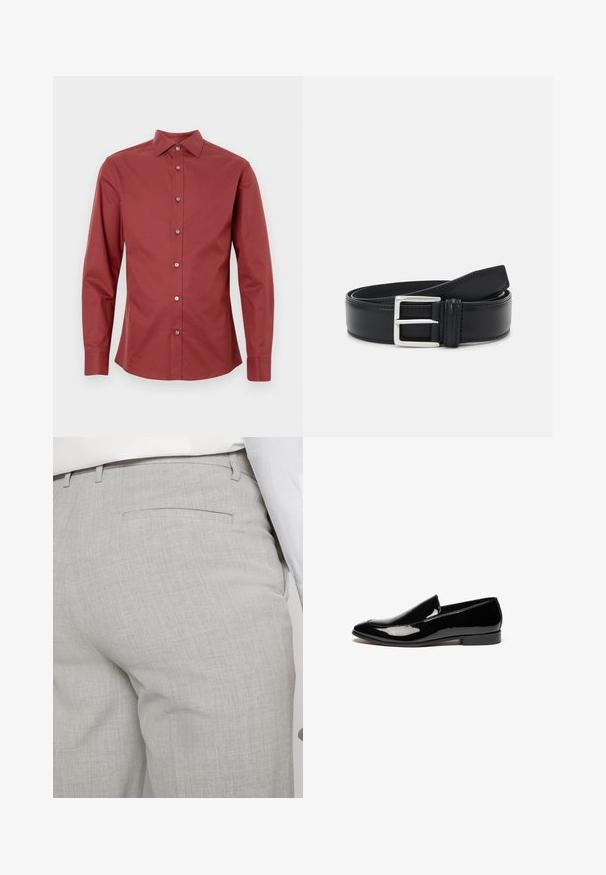 Pitkähihaista paitaa syvän punaisena, puuvillasta valmistettu, napitettava etuosa, teräväkauluksinen ja hopeanvärisillä napeilla. Silkkinen texture.; Vaaleanharmaat räätälöidyt housut tekstuuripintaisesta kankaasta, joissa on yksi takatasku ja siistit saumat.; Musta lakattu nahkakenkä, jossa on kärki osoittava muoto, minimaalinen ommel ja matala lohko korko. Silkkinen, heijastava pinta ilman koristeita.; Musta nahka vyö hopeisella soljella, litteä muotoilu, sileä pinta ja kontrastivärinen huolittelu reunan ympäri.