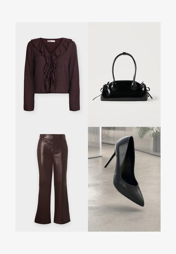 Blusa marrón oscuro de manga larga con escote en V con volantes y cierre frontal con lazada, hecha de tela ligera.; Pantalones acampanados de imitación de cuero marrón con una textura suave, que presentan una cintura con cinturón y una cremallera. Líneas limpias y una silueta elegante.; Zapato de tacón alto de cuero negro con punta afilada, diseño elegante y sin herrajes visibles. Textura suave y estilo minimalista.; Pequeño bolso negro brillante con dos asas largas y detalles de cordón lateral sobre un fondo claro liso.