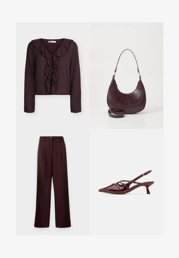 Blouse marron foncé à manches longues avec col en V à volant et fermeture nouée devant, en tissu léger.; Pantalons évasés en bordeaux foncé, avec une taille haute, deux plis à l'avant et une fermeture à deux boutons. Fabriqués en tissu texturé.; Escarpin en cuir verni bordeaux avec nez pointu, petit talon, détails de bride décoratifs et finition brillante.; Sac à épaule en cuir bourgogne avec une forme incurvée, fermeture éclair et une sangle détachable. Présente une texture lisse et des accents en métal doré.
