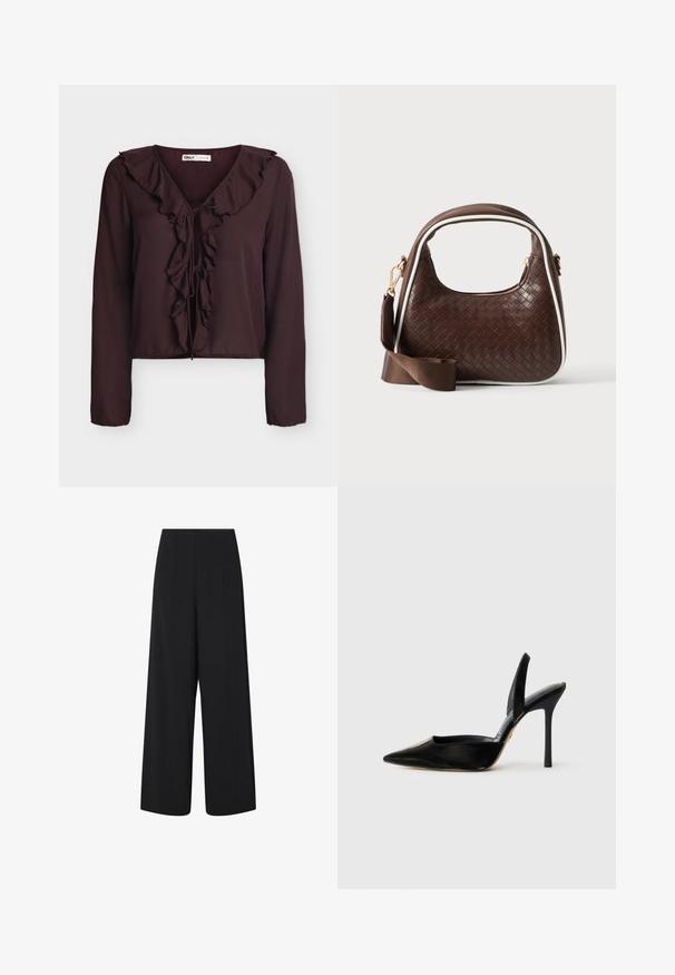 Blusa marrón oscuro de manga larga con escote en V con volantes y cierre frontal con lazada, hecha de tela ligera.; Pantalones negros de pierna ancha y recortados con una cintura alta y bolsillos laterales, que presentan detalles de costura vertical sutil.; Zapato de tacón alto de cuero negro con punta afilada, costado abierto y tacón stiletto delgado. Textura suave con un acabado brillante.; Bolso de mano de piel trenzada marrón con ribete blanco, cremallera dorada y correa de hombro de tela marrón desmontable.