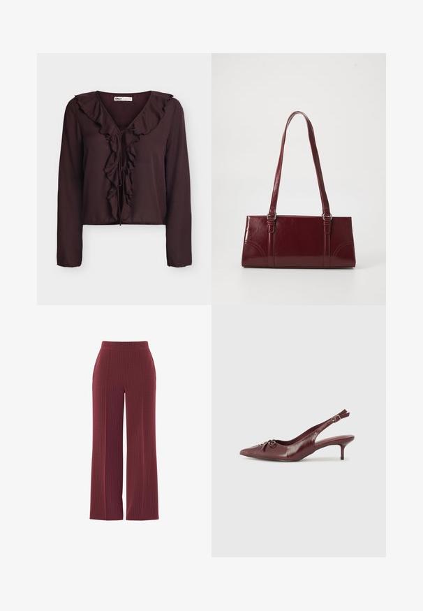 Blusa marrón oscuro de manga larga con escote en V con volantes y cierre frontal con lazada, hecha de tela ligera.; Pantalones de pierna ancha burdeos con un patrón de rayas, que presentan una textura suave y una cinturilla elástica para mayor comodidad.; Tacón slingback de cuero burdeos con punta afilada, correa ajustable y detalle decorativo de lazo en la parte delantera. Altura del tacón de 3 pulgadas.; Bolso burdeos hecho de material brillante, de forma rectangular, con dos asas para el hombro y sutiles acentos curvados en la parte frontal.