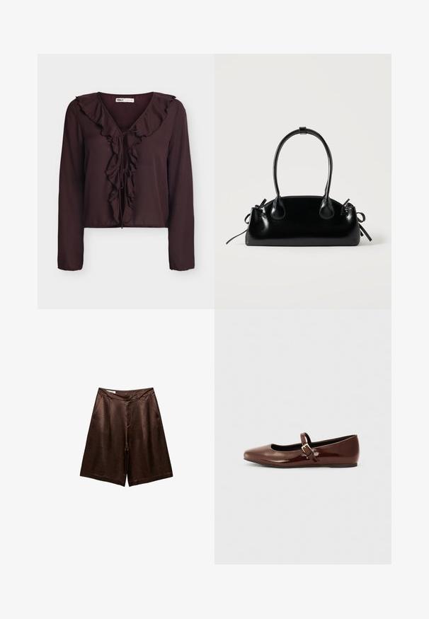 Blouse marron foncé à manches longues avec col en V à volant et fermeture nouée devant, en tissu léger.; Shorts mi-longues en satin brun avec poches avant, ceinture et fermeture cachée à l'avant, présentés sur fond blanc.; Ballerine en cuir verni marron avec un bout carré et une lanière ornée d'une petite boucle dorée. Texture lisse, talon bas et design minimaliste.; Petit sac à main noir brillant avec deux longues anses et des détails à cordon sur les côtés sur un fond clair uni.