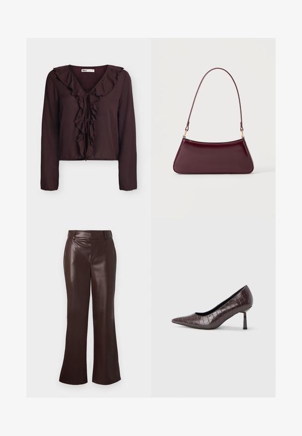 Blouse marron foncé à manches longues avec col en V à volant et fermeture nouée devant, en tissu léger.; Pantalons évasés en simili cuir marron avec une texture lisse, dotés d'une taille ceinturée et d'une fermeture éclair. Lignes épurées et silhouette élégante.; Escarpins à bout pointu en similicuir marron avec une texture crocodile, dotés d’un talon fin et angulaire ainsi que d’une doublure intérieure lisse.; Sac à main brillant bordeaux foncé avec une anse fine unique et une forme trapézoïdale élégante sur un fond clair uni.