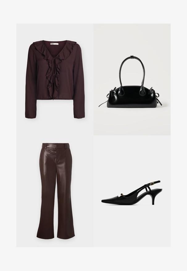 Blouse marron foncé à manches longues avec col en V à volant et fermeture nouée devant, en tissu léger.; Pantalons évasés en simili cuir marron avec une texture lisse, dotés d'une taille ceinturée et d'une fermeture éclair. Lignes épurées et silhouette élégante.; Pompe slingback noire à bout pointu avec un talon courbé bas et une petite boucle dorée sur la sangle avant et la sangle de la cheville.; Petit sac à main noir brillant avec deux longues anses et des détails à cordon sur les côtés sur un fond clair uni.
