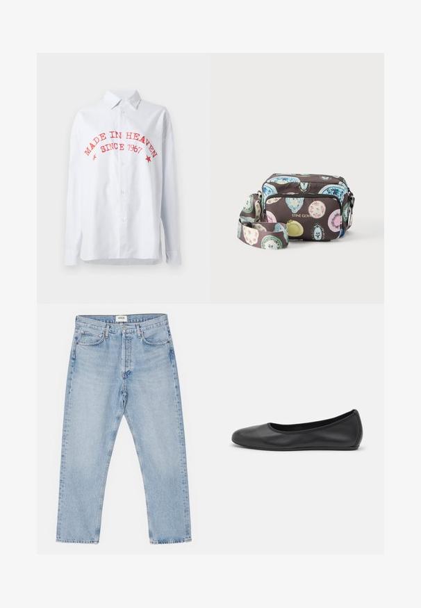 Gestreiftes Button-Down-Shirt in Blau und Weiß mit rotem Text: "MADE IN HEAVEN SINCE 1967." Lange Ärmel, entspannte Passform, Baumwollmischgewebe.; Helles blaues Denim mit klassischem geradem Schnitt, fünf Taschen und Knopfverschluss, mit subtilen Verfärbungen und robuster Textur.; Schwarze Leder-Ballettschuhe mit abgerundeter Spitze, glatter Textur, minimalen Nähdetails und einem flexiblen Sohlen-Design.; Umhängetasche mit bunten Ovalmustern auf dunklem Hintergrund, Vordertasche mit Reißverschluss und verstellbarem Riemen, mit dem Schriftzug "STINE GOYA" in goldenen Buchstaben.