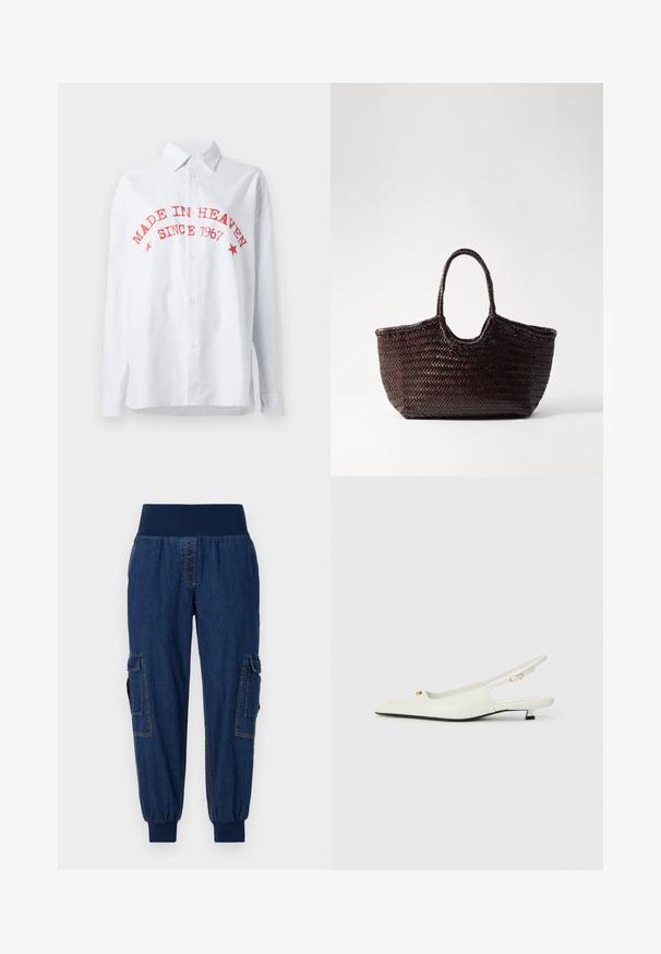 Stribet button-up skjorte i blå og hvid, med rød tekst: "LAVET I HIMLEN SINCE 1967." Lange ærmer, afslappet pasform, blanding af bomuldsstof.; Denim joggerbukser med en bred elastisk talje, to sidelommer og ribbede ankler; mørkeblå farve med kontraststing.; Hvide læder slingback-sko med spidse tå, guld hardware-detaljer og en lav blokhæle. Glat tekstur med udsnit detaljer.; Vævet brun tote taske med en afrundet top og to håndtag. Har et struktureret mønster med en bred, åben struktur for nem adgang.