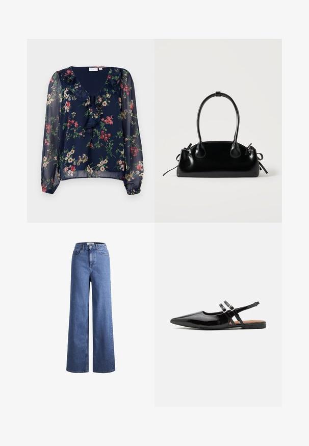 Marineblauwe, doorschijnende blouse met bloemenpatroon. Beschikt over een V-hals, gerimpelde details en lange, puffed mouwen met elastische manchetten.; Lichtblauwe denim wijde jeans met een hoge taille, twee voorzakken en zichtbare stiksels. Voorzien van een knoop- en ritssluiting.; Zwarte gepatineerde leren slingback schoenen hebben een spitse neus, twee banden met gespsieraden en een platte zool.; Kleine zwarte glanzende handtas met twee lange hengsels en zijkant trekkoord details op een effen lichte achtergrond.