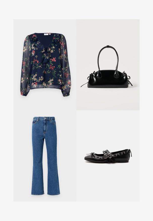 Marineblauwe, doorschijnende blouse met bloemenpatroon. Beschikt over een V-hals, gerimpelde details en lange, puffed mouwen met elastische manchetten.; Hoge taille, uitlopende jeans van blauwe denim. Kenmerken zijn een knoopsluiting, voorzakken en minimale stikseldetails.; Zwarte platte balletschoen met dubbele gespsluitingen, zilveren oogjes en een klein strikje nabij de afgeronde neus op een witte achtergrond.; Kleine zwarte glanzende handtas met twee lange hengsels en zijkant trekkoord details op een effen lichte achtergrond.