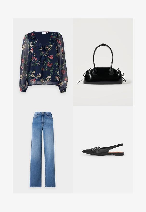 Mørkeblå, gennemsigtig bluse med blomsterprint. Har en v-halsudskæring, flæse detaljer og lange, puffede ærmer med elastiske manchetter.; Lyseblå vide denimbukser med høj talje, frontlommer og standard knaplukning. Glat tekstur.; Sort læderslyngeflad sko med spids tå, der har to vandrette stropper og firkantede sølvspænder, lav hæl og glat tekstur.; Lille sort blank håndtaske med to lange håndtag og snøre-detaljer i siden på en ensfarvet lys baggrund.
