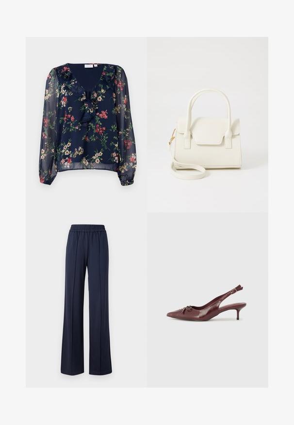 Mørkeblå, gennemsigtig bluse med blomsterprint. Har en v-halsudskæring, flæse detaljer og lange, puffede ærmer med elastiske manchetter.; Mørkeblå, bredbenede bukser med elastisk talje, lavet af et blødt, glat stof. Har rene linjer og en afslappet silhuet.; Bordeaux læder slingback hæl med spidse tå, justerbar rem og dekorativ sløjfedetalje foran. 7,5 cm hælhøjde.; Lille hvid håndtaske med dobbelte håndtag, frontklap og aftagelig skulderrem med guldlås på hvid baggrund.