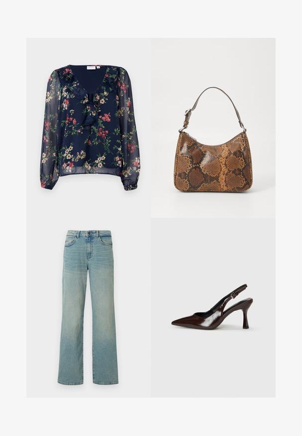 Marineblauwe, doorschijnende blouse met bloemenpatroon. Beschikt over een V-hals, gerimpelde details en lange, puffed mouwen met elastische manchetten.; Lichtblauwe denim jeans met een hoge taille, wijde benen en een klassiek vijf-pocket ontwerp. Voorzien van subtiele vervaging en een knoopsluiting.; Bruine gepatineerde leren slingback pumps met een spitse neus, een dunne hak en een verstelbaar bandje met een kleine gesp.; Kleine handtas met een bruin en zwart slangenprintpatroon, korte verstelbare schouderriem en ritssluiting.