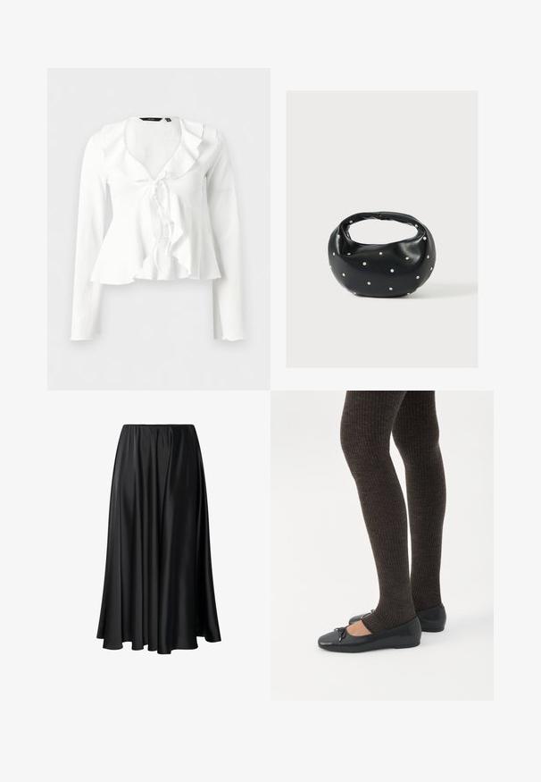 Blusa blanca de manga larga con escote fruncido y detalle de lazo frontal, tejido ligeramente texturizado, cintura entallada y dobladillo acampanado.; Falda maxi negra de tejido suave, con una cinturilla elástica, silueta amplia y un dobladillo fluido sin patrones o detalles visibles.; Piernas con leggings oscuros acanalados combinados con bailarinas negras que presentan pequeños detalles de lazo sobre un fondo blanco.; Bolso de mano de cuero negro con forma redondeada, decorado con detalles de tachuelas plateadas y un asa corta. Textura lisa y cierre con cremallera.