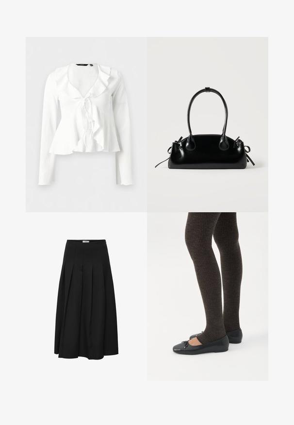 Witte blouse met lange mouwen, ruches bij de halslijn en een strikdetail aan de voorkant, licht gestructureerde stof, getailleerde pasvorm en uitgewaaierde zoom.; Zwarte plissé midi rok gemaakt van gladde stof. Heeft een hoge taille en een vloeiende silhouet met netjes gestikte plooien.; Benen met donkere geribbelde leggings gecombineerd met zwarte ballerina's met kleine strikdetails op een witte achtergrond.; Kleine zwarte glanzende handtas met twee lange hengsels en zijkant trekkoord details op een effen lichte achtergrond.