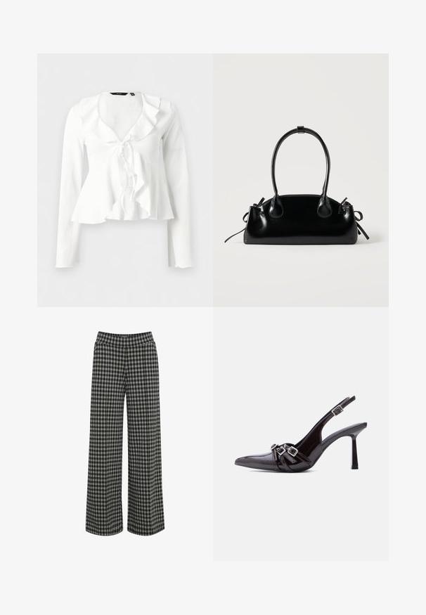 Witte blouse met lange mouwen, ruches bij de halslijn en een strikdetail aan de voorkant, licht gestructureerde stof, getailleerde pasvorm en uitgewaaierde zoom.; ICHI IHKATE - Broek - vetiver; Zwart lakleren slingback pumps met hoge hak, puntige neus en drie decoratieve riemen met gespen over de wreef.; Kleine zwarte glanzende handtas met twee lange hengsels en zijkant trekkoord details op een effen lichte achtergrond.