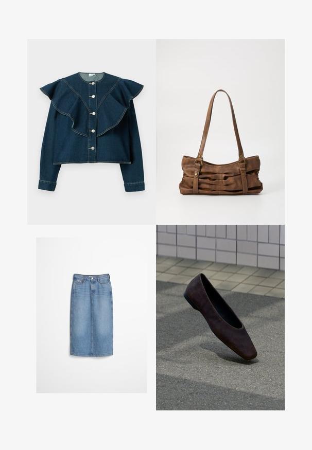 Veste en denim bleu foncé avec empiècement volanté, encolure ronde, manches longues et boutons-pression argentés à l'avant.; Jupe en denim bleu clair avec boutons à l'avant et passants pour ceinture, portée avec un pull texturé foncé.; Chaussure plate marron foncé unique flottant au-dessus d'un sol texturé avec un mur carrelé en arrière-plan.; Even&Odd by Zalando Sac à main - brown