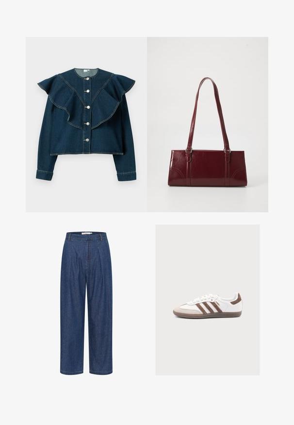 Donkerblauwe spijkerjasje met gerimpelde inzet, ronde halslijn, lange mouwen en zilveren drukknoopsluiting aan de voorkant.; Blauwe denim broek met hoge taille, wijde pijpen, voorplooien, lussen voor een riem en een verborgen ritssluiting.; Witte Adidas Samba sneaker met bruine suède strepen en hieltab, beige neuskap en gum rubberen zool op effen achtergrond.; Bourgondische handtas van glanzend materiaal, rechthoekige vorm, met twee schouderbanden en subtiele gebogen accenten aan de voorkant.