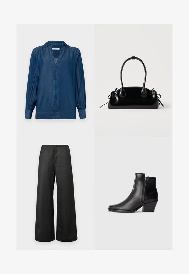 Chemise en denim de couleur bleu foncé, avec de longues manches ballons, un col et un décolleté en V sans boutons sur le devant. Texture douce et lisse.; Pantalons larges noirs avec poches avant et taille haute, fabriqués à partir d'un tissu lisse, présentés sur un fond clair.; Bottines en cuir noir avec un bout pointu, une fermeture éclair sur le côté et un talon épais. Texture lisse et design minimaliste.; Petit sac à main noir brillant avec deux longues anses et des détails à cordon sur les côtés sur un fond clair uni.